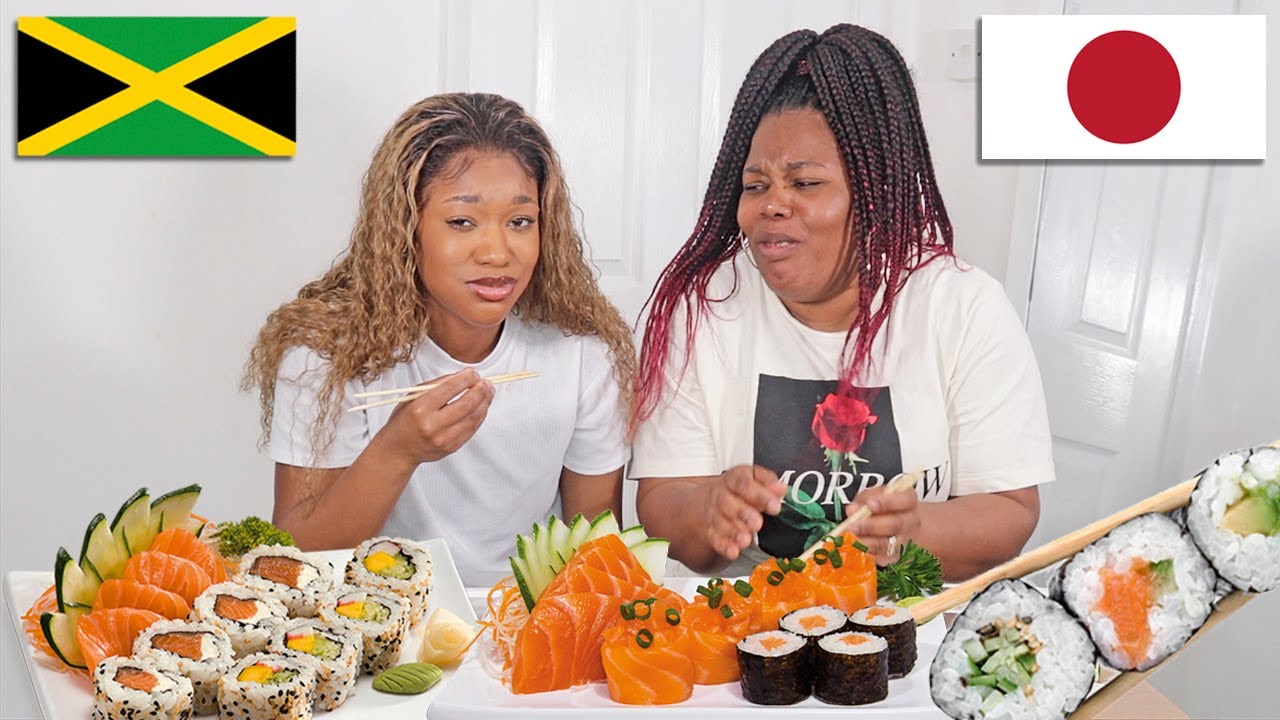 JAMAICANS TRY SUSHI FOR THE FIRST TIME | RAW SALMON, HOSOMAKI, CHICKEN KATSU | TASHIKA AND TAMMICA