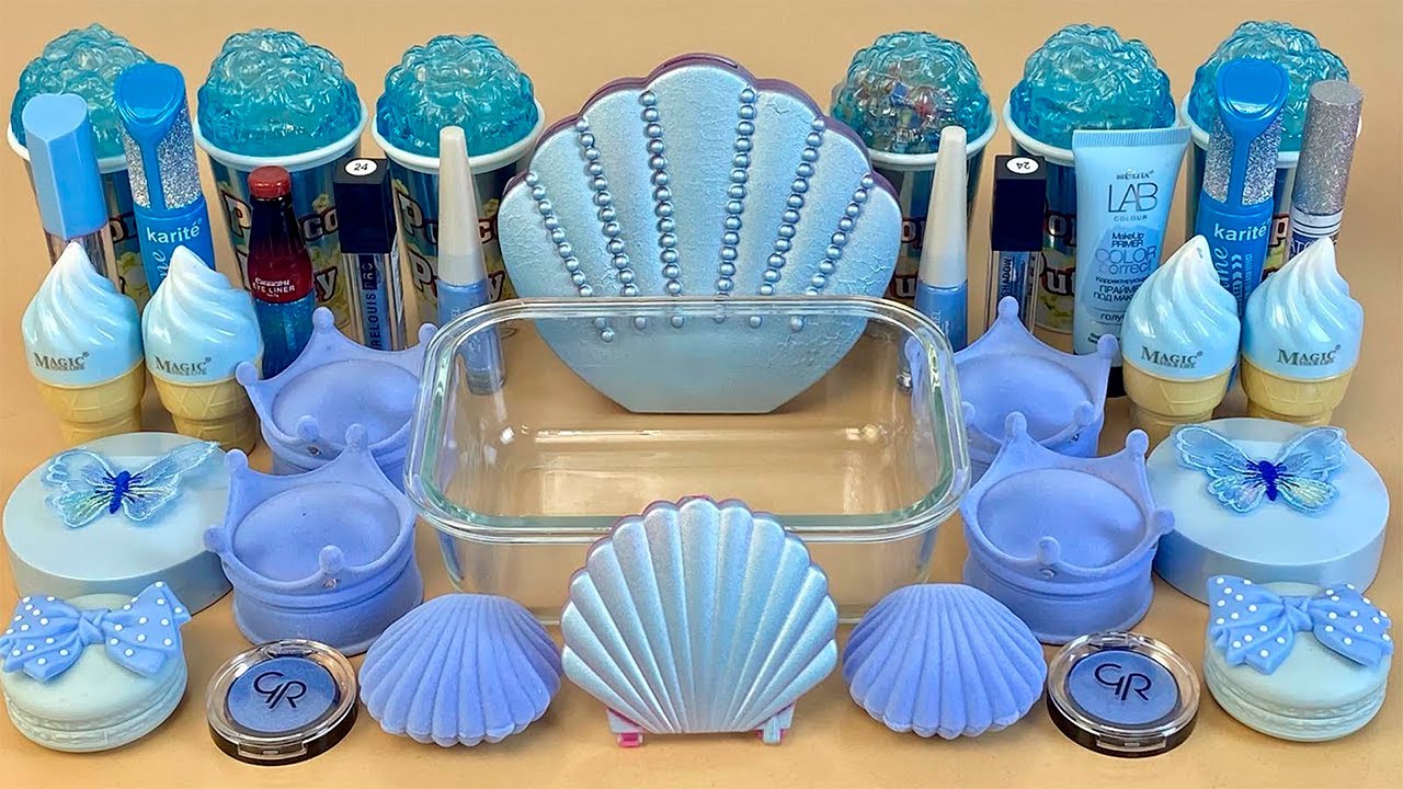 ASMR Slime Mixing ”BLUE” 💙💦💤 makeup, Eyeshadow, glitter into slime. Satisfying slime video.