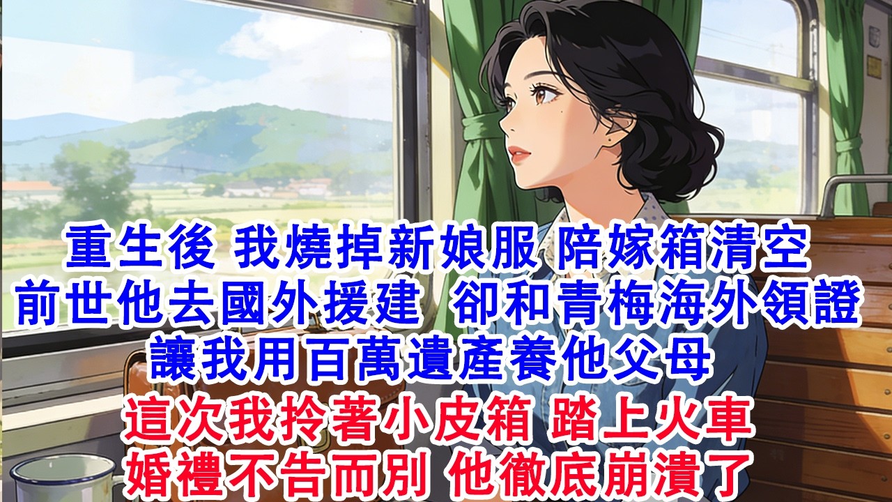 【完結爽文】重生後我燒掉新娘服前世婚禮他說去國外援建和青梅海外領證 讓我用百萬遺產養他父母這次我拎皮箱 踏上火車 婚禮不告而別 他崩潰#故事 #重生 #爽文 #重生故事 #情感 #小說 #完結 #動漫