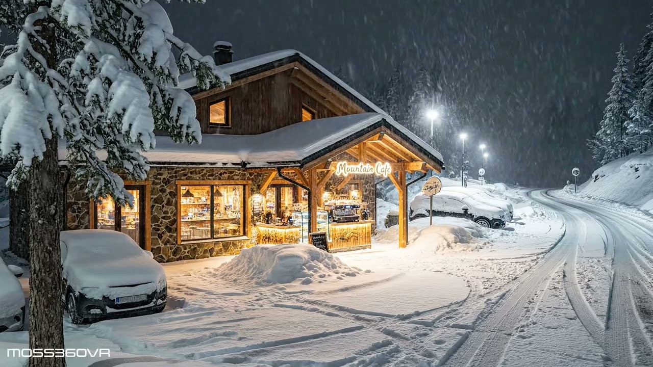 Snowy Mountain Road Cafe ❄️ Night Ambience for Sleep | 4K Ultra HD Static Loop (90 Min)