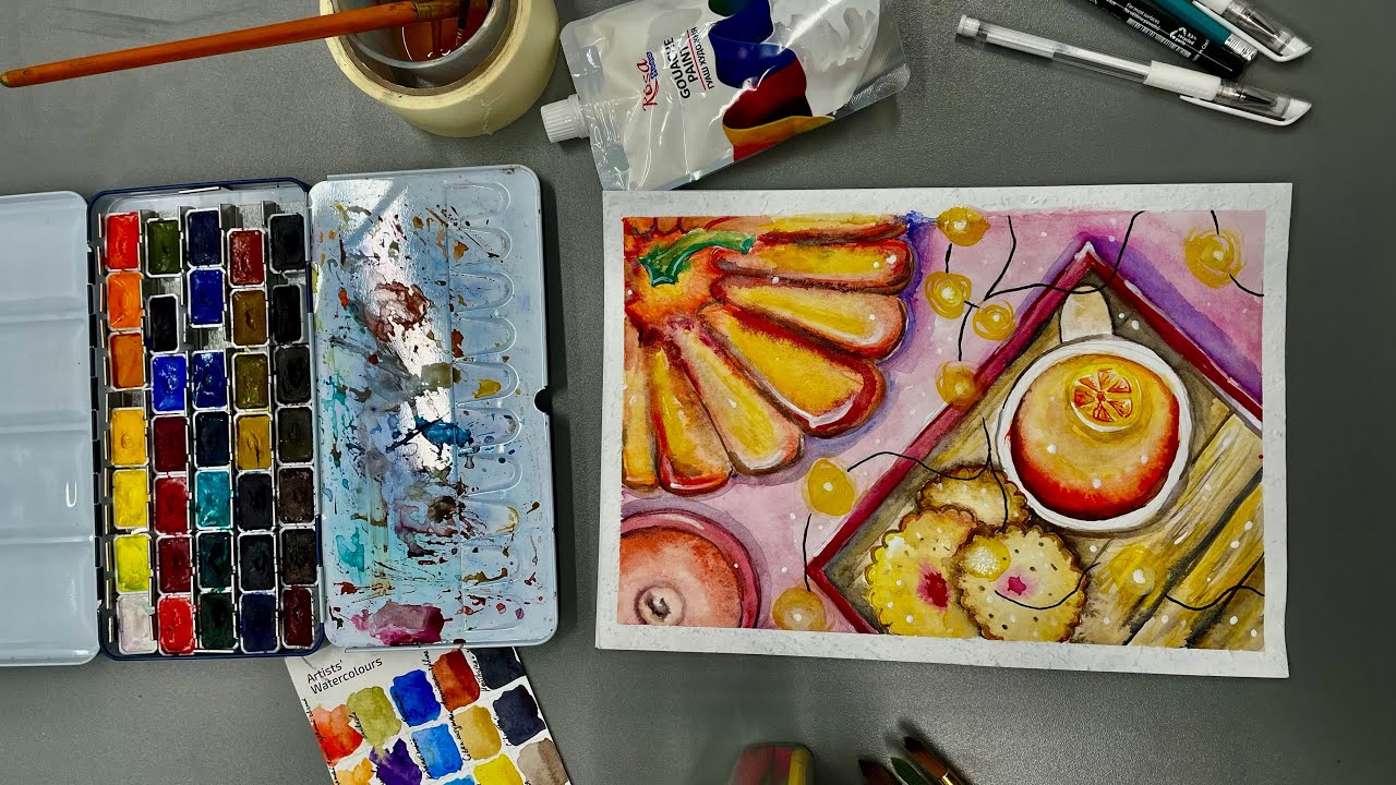 Easy watercolor painting for beginners Still life with pumpkin cookies and fragrant tea