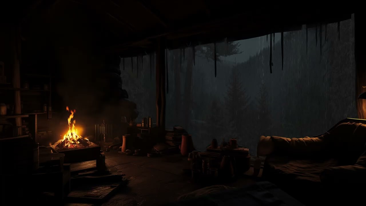 Peaceful Cabin Rain Scene (No Ads) 🌧️ Fireplace Ambience for Deep Relaxation