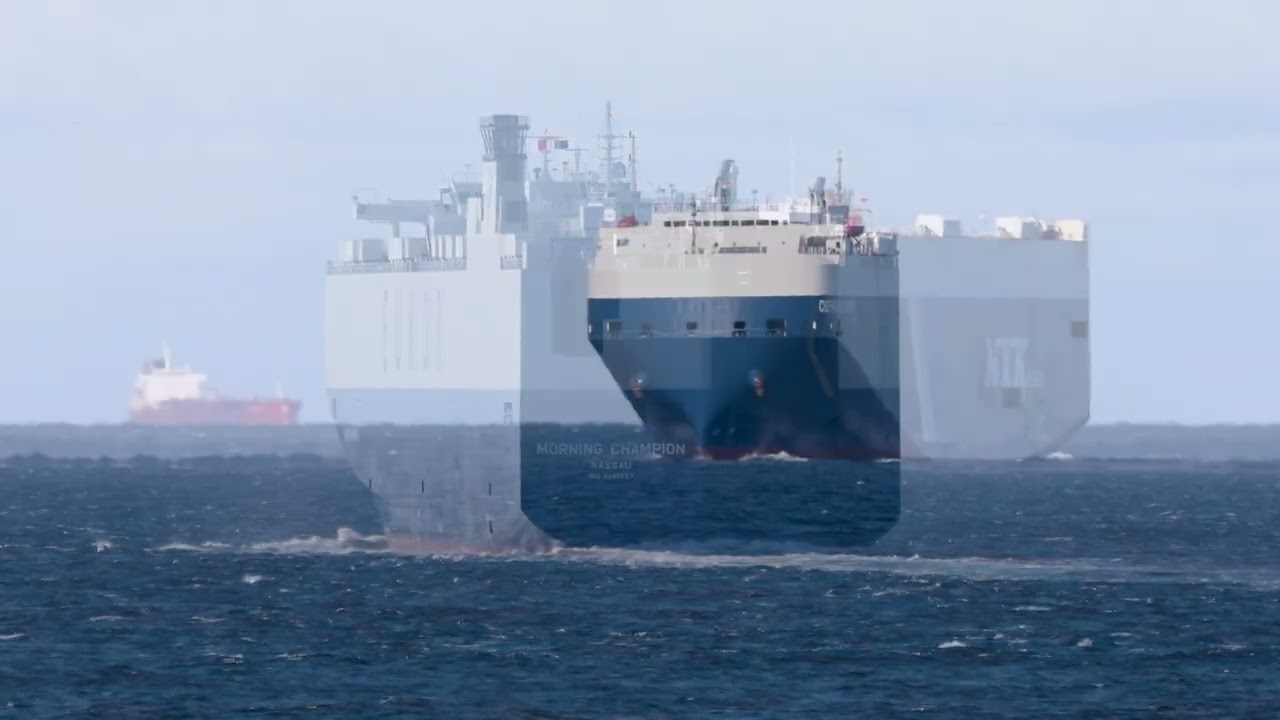 Four Ship all line up to enter Port Phillip heads as seen at Point Lonsdale, Victoria, Australia.