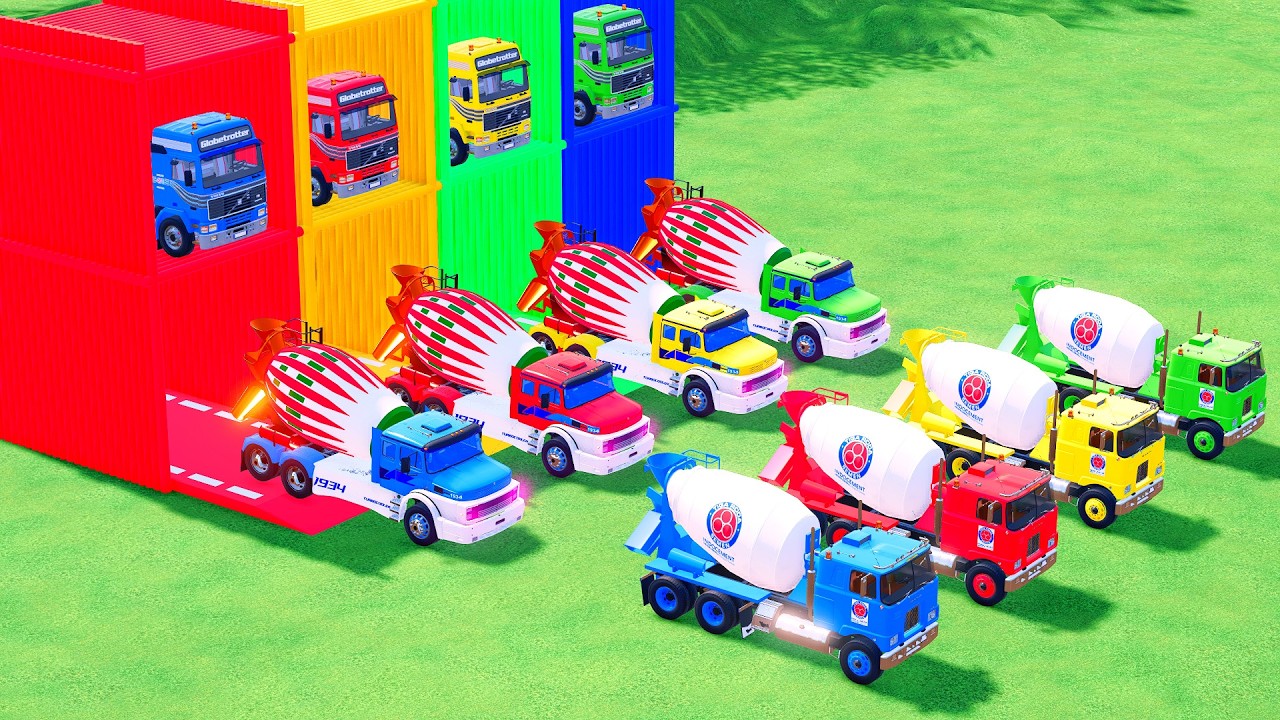 Garage with Colors - ALL MIXER TRUCK WITH DOUBLE FLATBED TRAILER TRUCK, SCANIA, MACK #100 - FS22