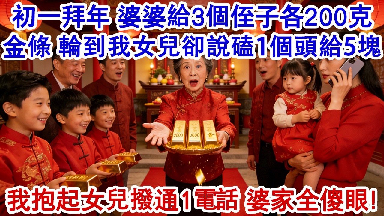 大年初一在婆家祠堂拜年，婆婆給3個侄子各200克金條，輪到我女兒卻說磕1個頭給5塊。婆家所有親戚看女兒笑話，我抱起女兒當場撥通1電話，十分鐘後婆家全傻眼！#家庭故事 #生活經驗 #為人處世