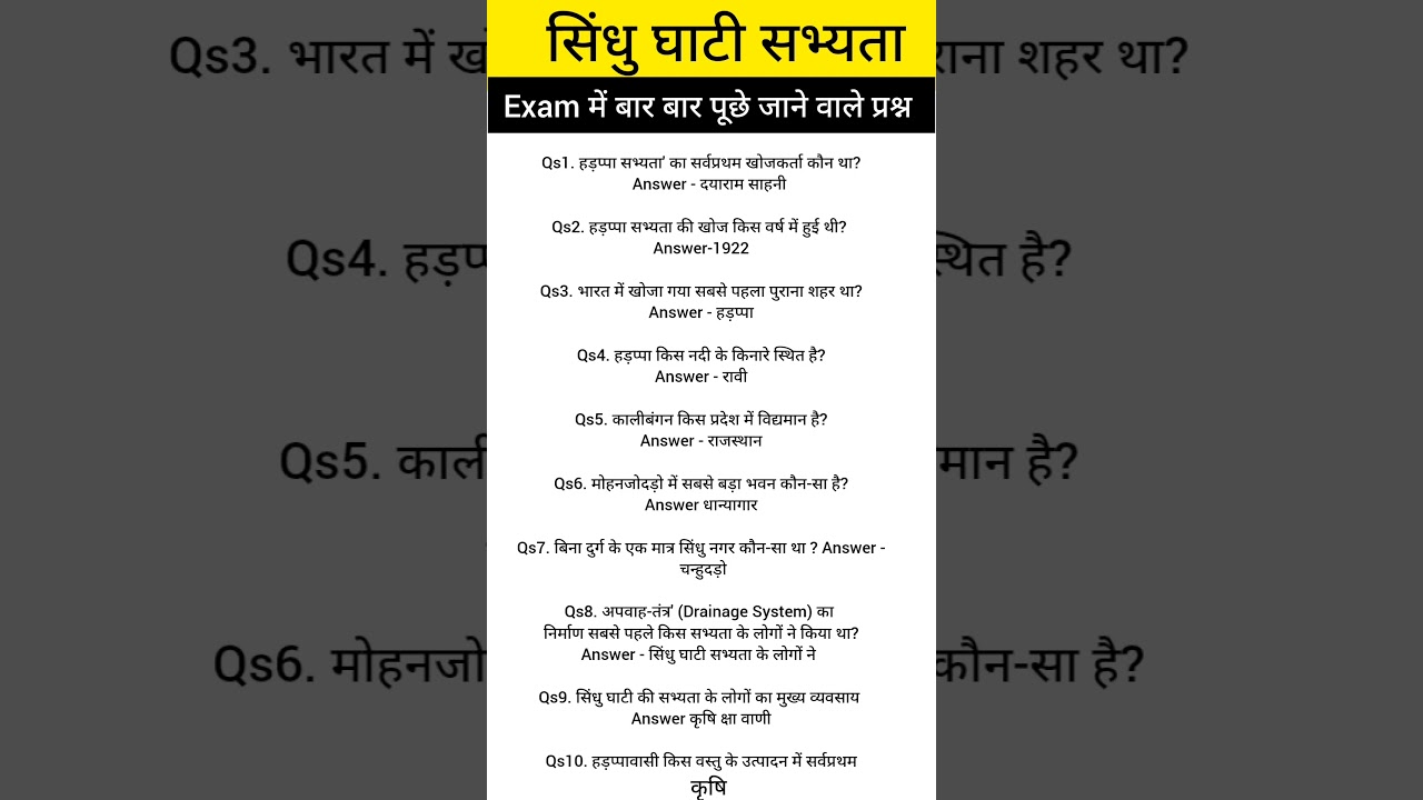 हड़ाप्पा सभ्यता | Indus Civilization | Hadappa sabhyata | GK History important question answer