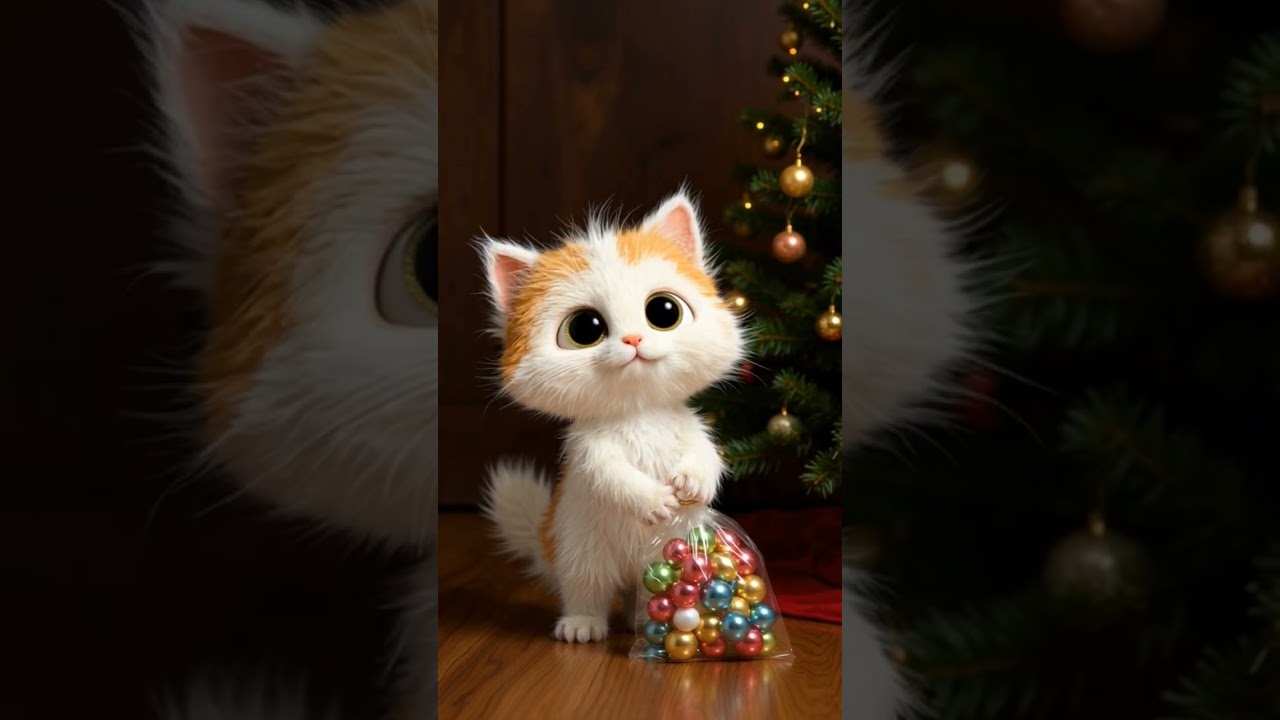 Gatinho fofo com bolsa colorida e &aacute;rvore de Natal #cat #cute #kitten #gatinhos #catlovers