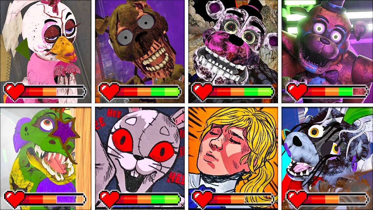 FNAF Security Breach - All DEATHS & ENDINGS in BRIGHT Mode with Healthbars
