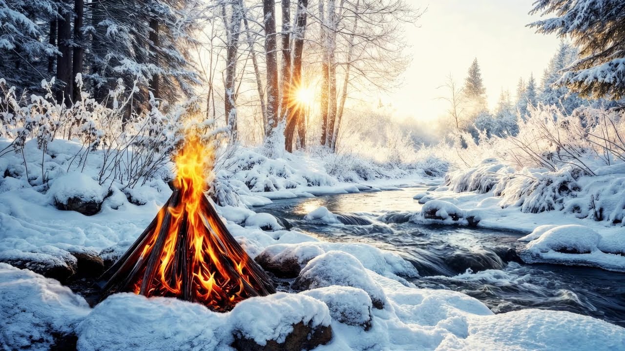 Winter River Campfire Morning 🔥 Crackling Fire & Peaceful Nature Sounds for Relax & Focus