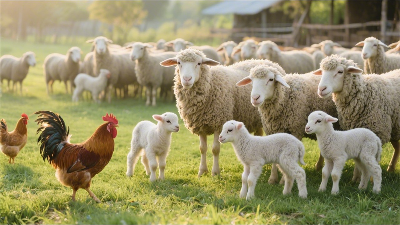 Beautiful, colorful sheep playing with chickens on the grass - Sheep bleating - Sheep video