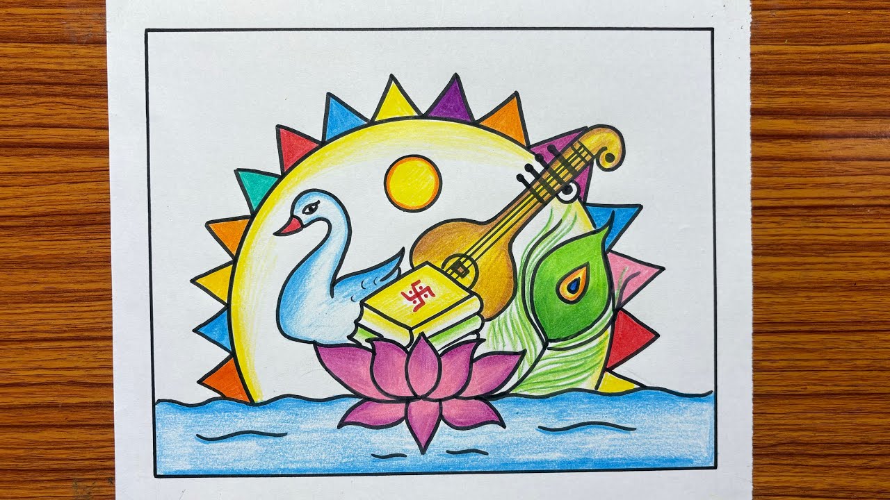 Sarswati Pooja Poster Drawing / Sarswati Mata Drawing / सरस्वती पूजा पर चित्र