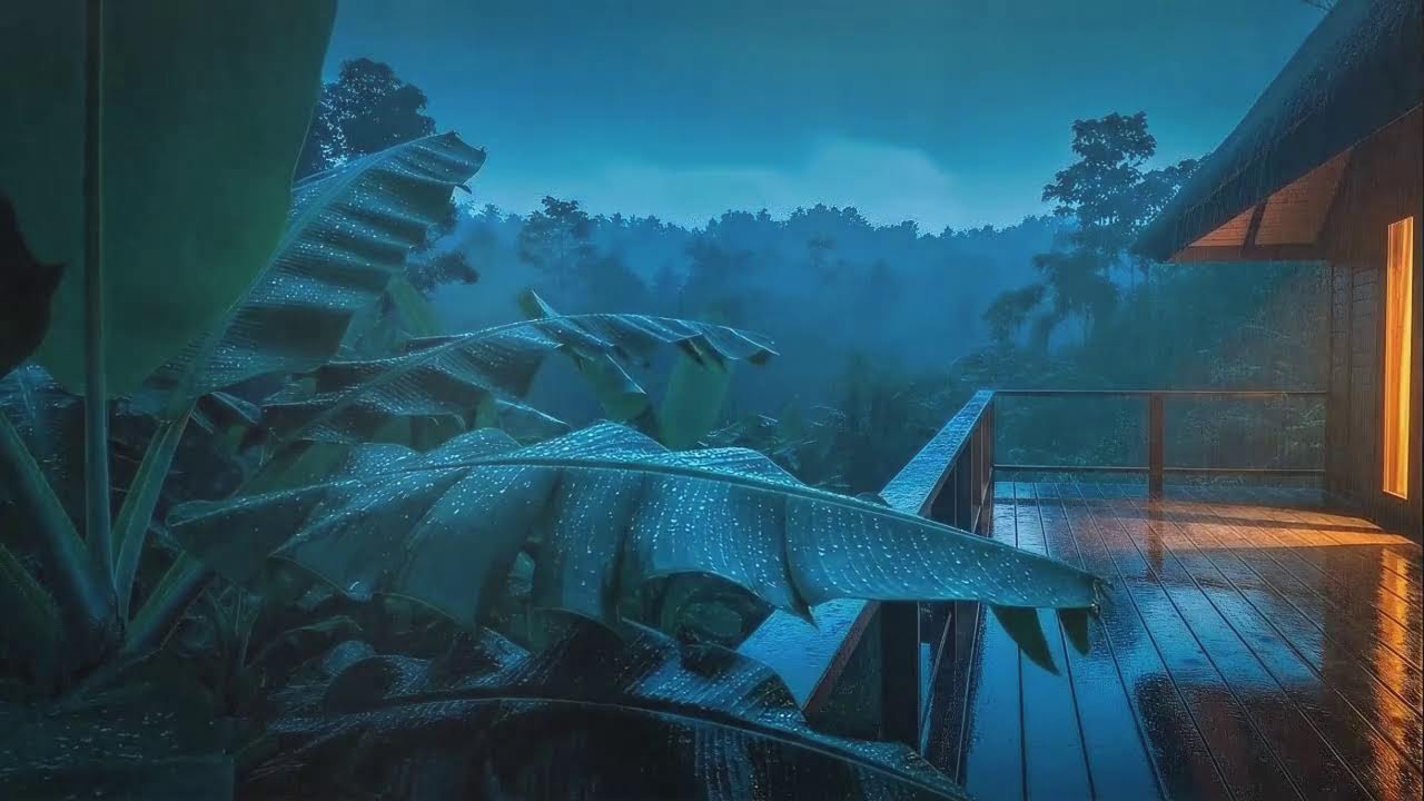 Drift to Sleep with Warm Rain Sounds and Soft Thunder Murmur at Forest Cabin Terrace 🌧️