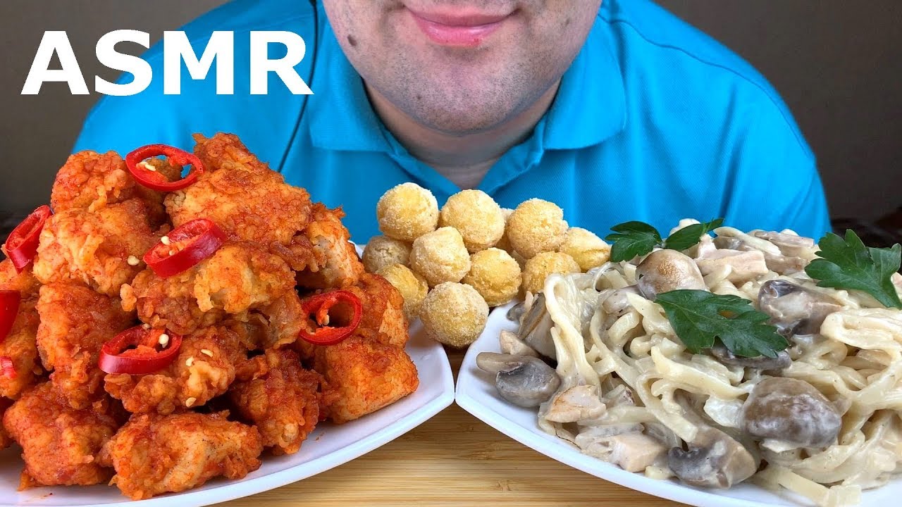 ASMR CHILLI CHICKEN FILLET, PASTA WITH MUSHROOMS & FRIED POTATO BALLS MUKBANG (EATING SOUNDS)