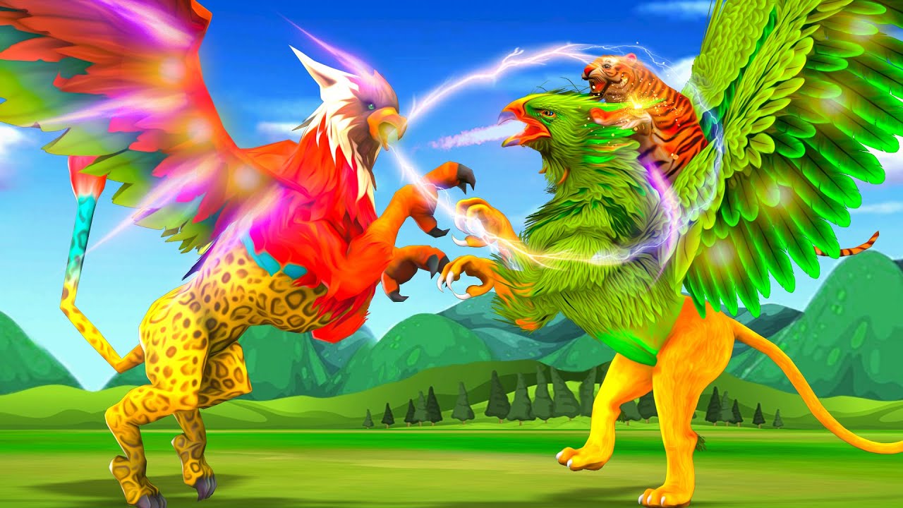 जादूई विशाल ईगल चीता और भयानक ईगल शेर की लड़ाई Magical Giant Eagle Cheetah and Griffin Fight & Tiger
