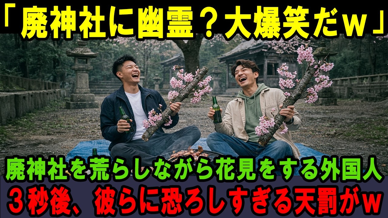 【海外の反応】「廃神社に幽霊？一緒に花見でもするかw」廃神社を荒らしながら花見をする外国人！3秒後、彼らに恐ろしすぎる天罰がw