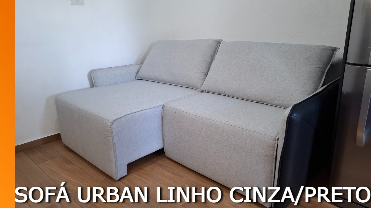 Sofá Urban Retrátil | Linho Cinza e Preto com Entrada USB Mobly 3 Lugares | 2 metros | Review Pocket