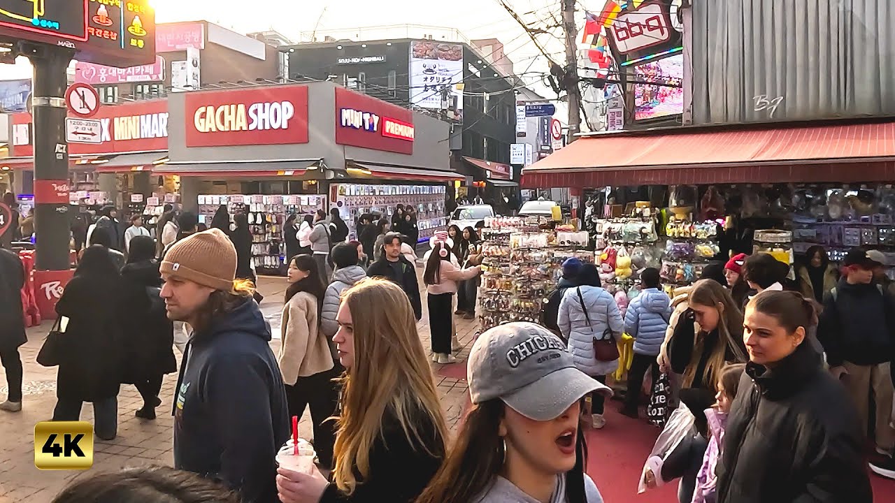 Many Tourists Hongdae Seoul Walk 4K HDR | Trendy Korea Street Walking Tour
