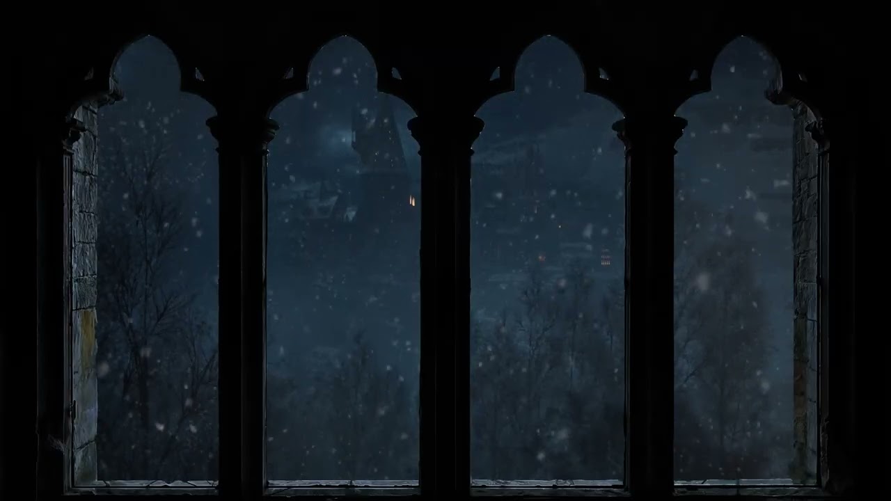 4K Harry Potter Winter Window View - Hogwarts Snow Ambience & Wind Sounds for Study and Sleep