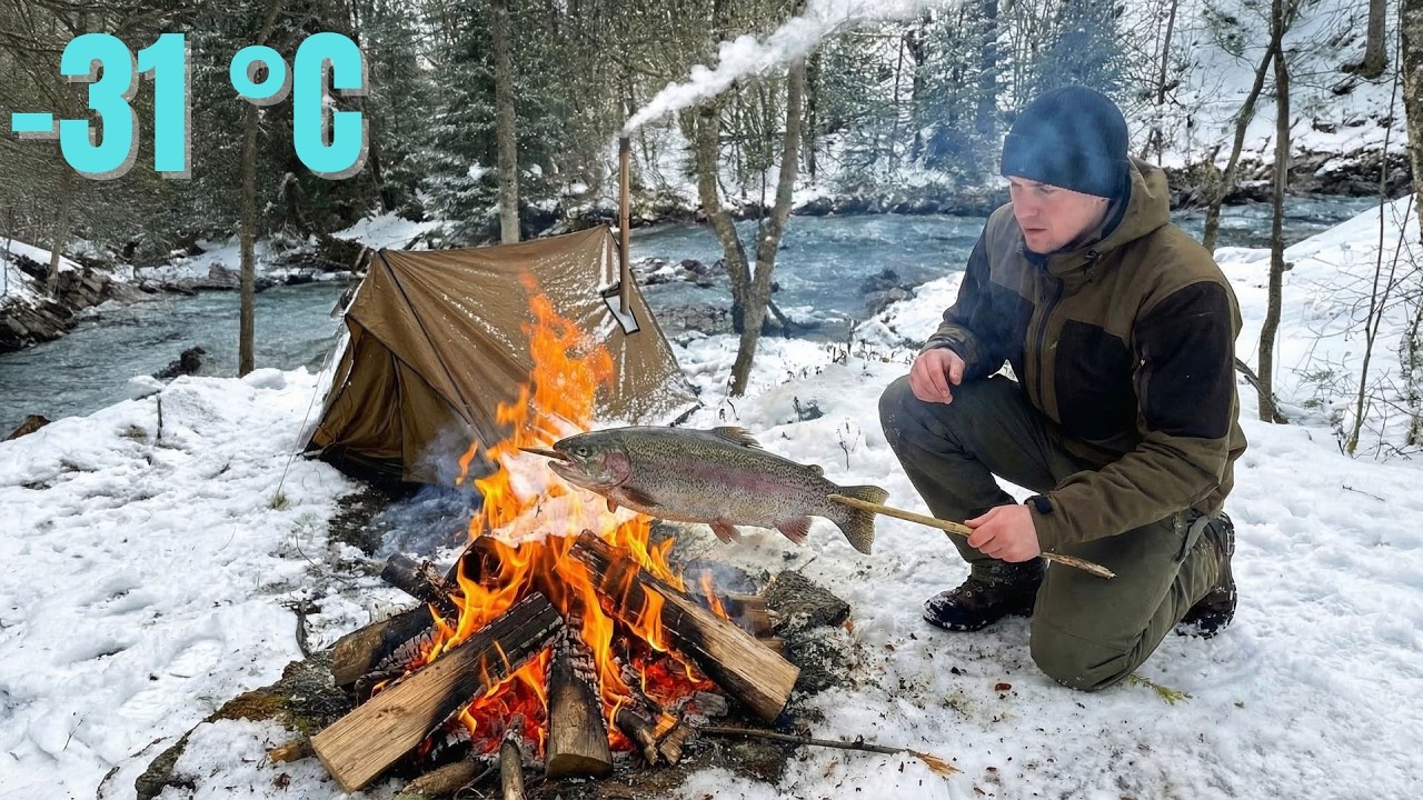Extreme Hot Tent Camping in Deep Winter | Catch and Cook in the Snow