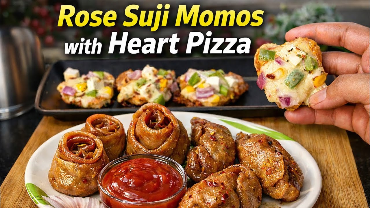 Rose Suji Momos Recipe | Valentines Special | Healthy rose momos with heart pizza | valentines week😋