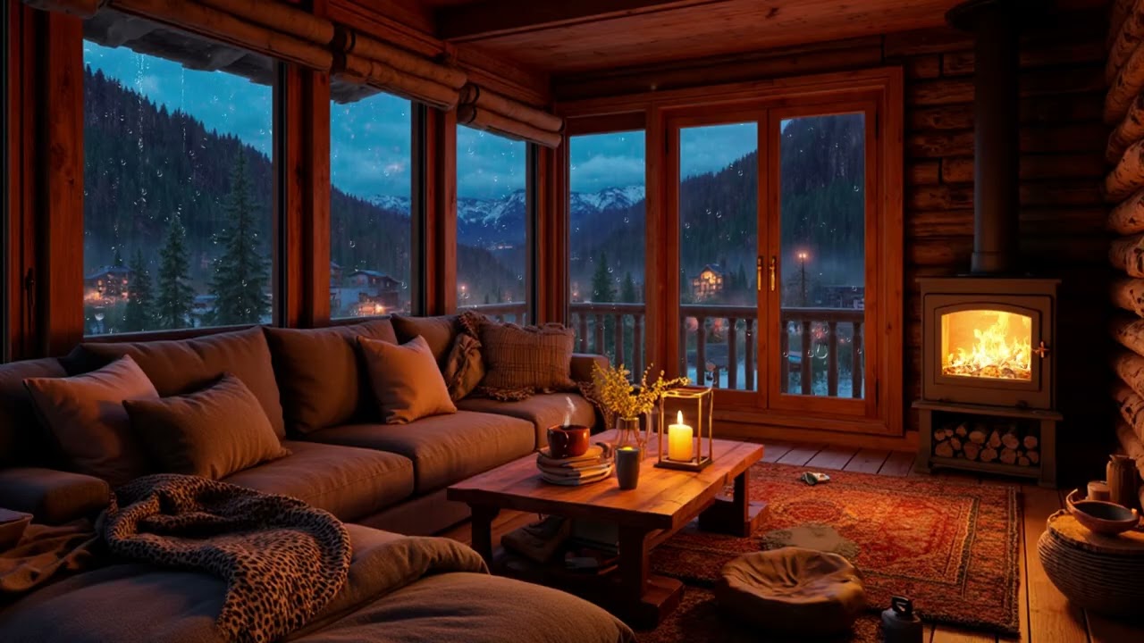 Rainy Mountain Cabin Night | Cozy Fireplace Sounds for Deep Sleep & Relaxing Ambience
