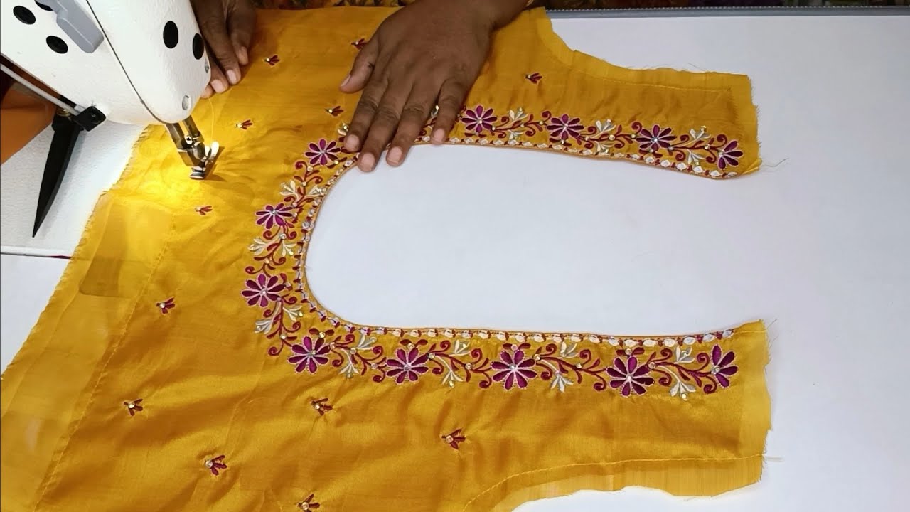 computer embroidery design work blouse stitching & cutting back part step by step  #embroidery