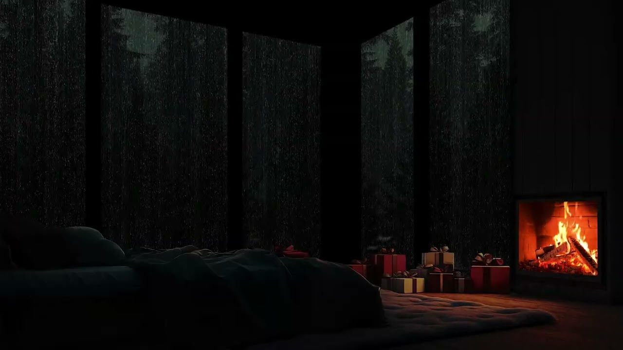 Listening to the steady rain outside a warm, secluded cabin surrounded by trees