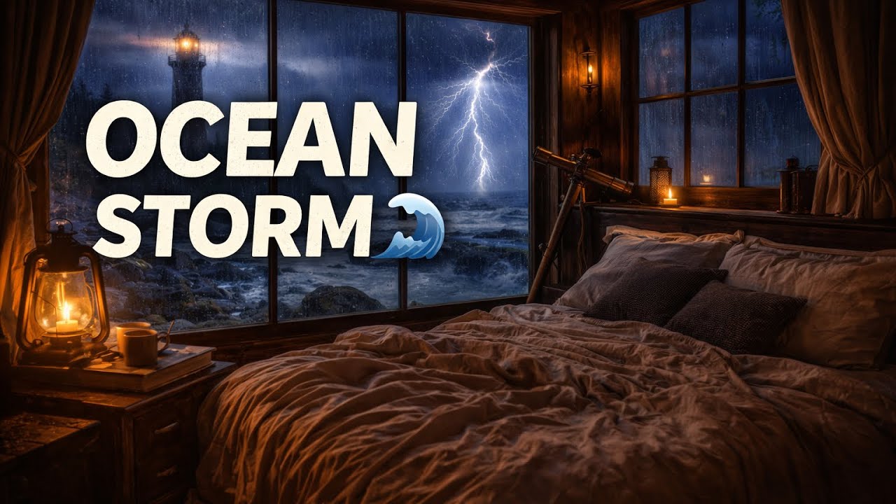 Stormy Lighthouse Bedroom 🌊🕯️ Rain and Ocean Waves Deep Focus, Reading, Relaxation, Anxiety 