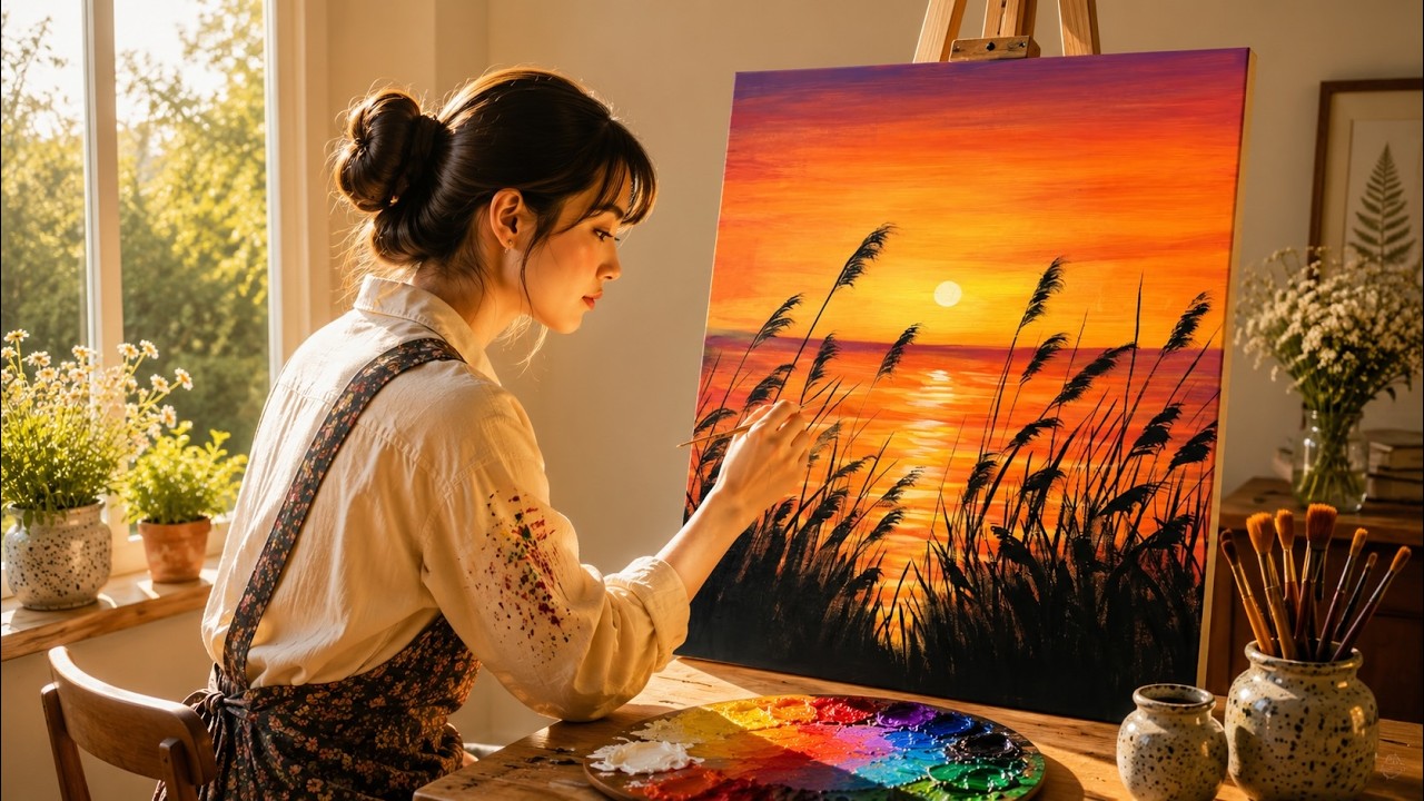 STEP by STEP Acrylic Painting | Beautiful Sunset Silhouette Painting #103
