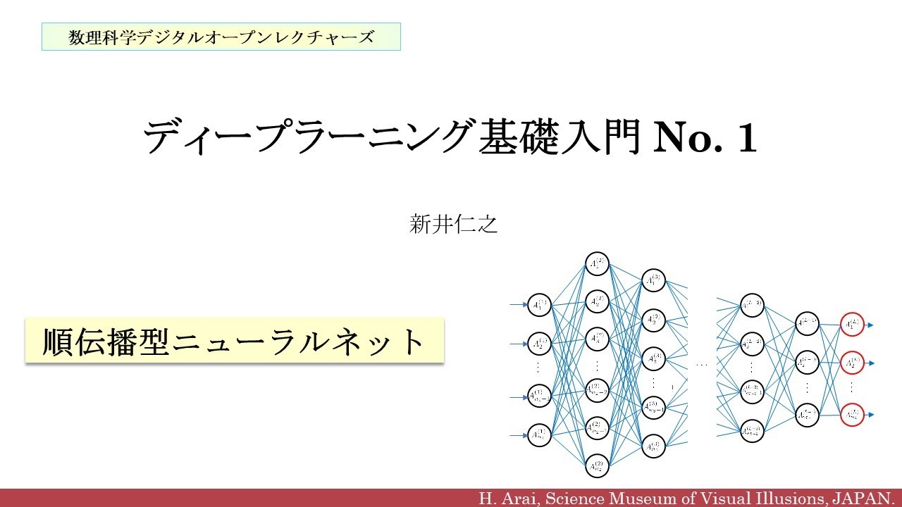 ディープラーニング基礎入門 No. 1 - 順伝播型ニューラルネット - 数理科学デジタルオープンレクチャーズ，講師：新井仁之．
