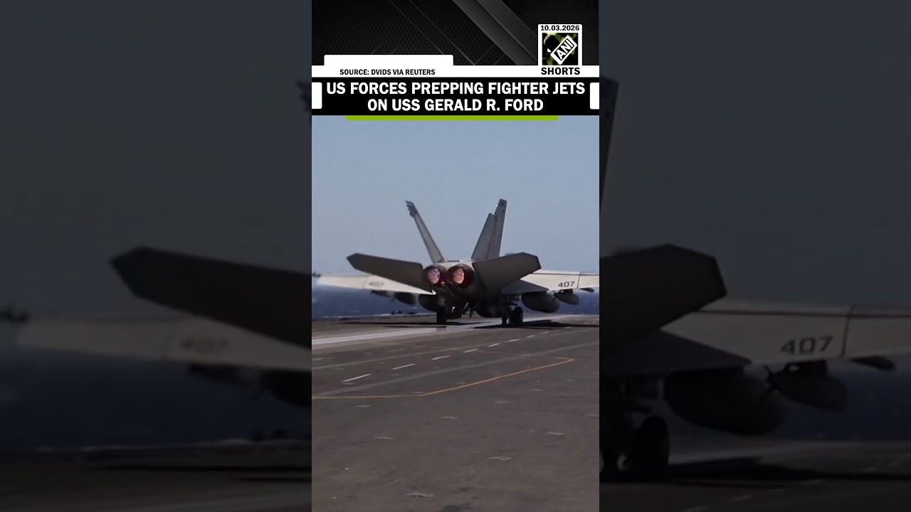 US forces prepping fighter jets for take-off over aircraft carrier USS Gerald R. Ford