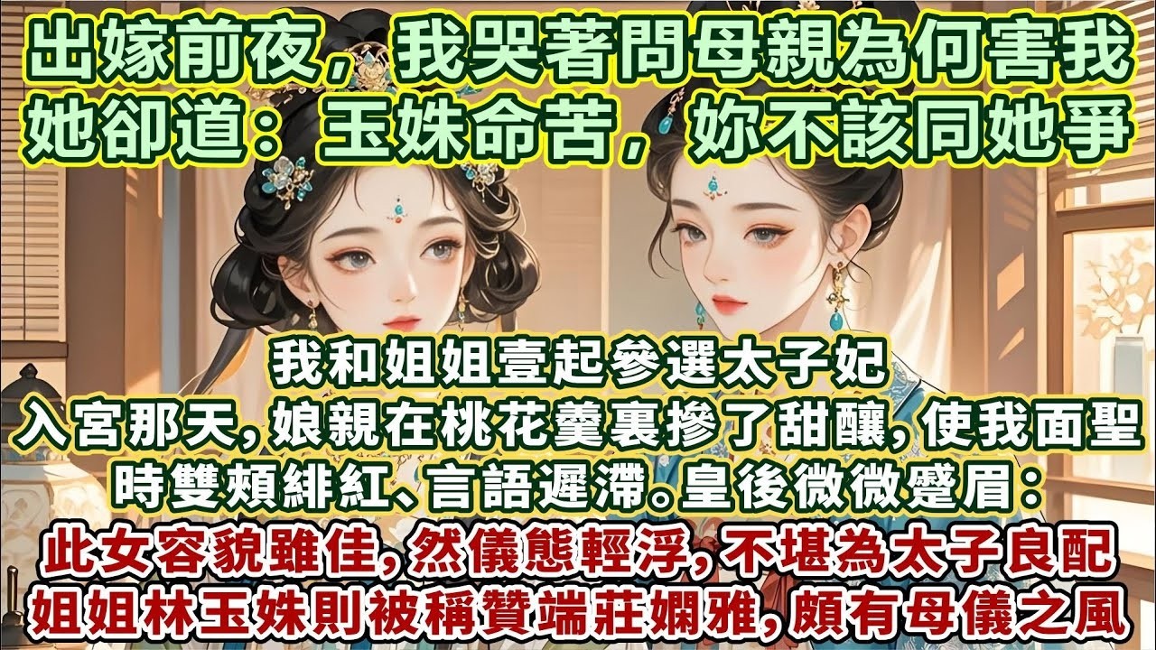 完結宮鬥文：我和姐姐壹起參選太子妃。入宮那天，娘親在桃花羹裏摻了甜釀，使我面聖時雙頰緋紅、言語遲滯。皇後微微蹙眉：此女容貌雖佳，然儀態輕浮，不堪為太子良配。姐姐林玉姝則被稱贊端莊嫻雅，頗有母儀之風