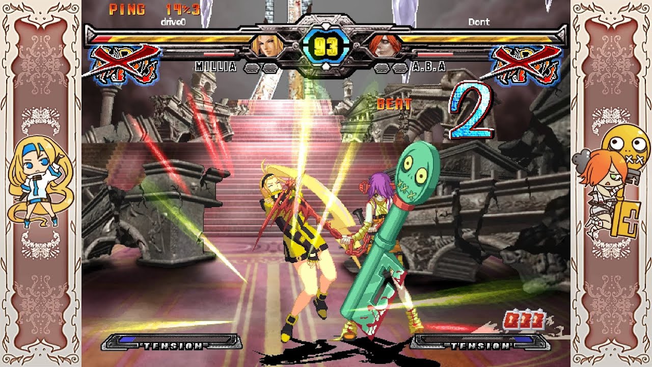 Guilty Gear XX Accent Core Plus R Lobby Matches- drive0 (Millia) VS don't (A.B.A)