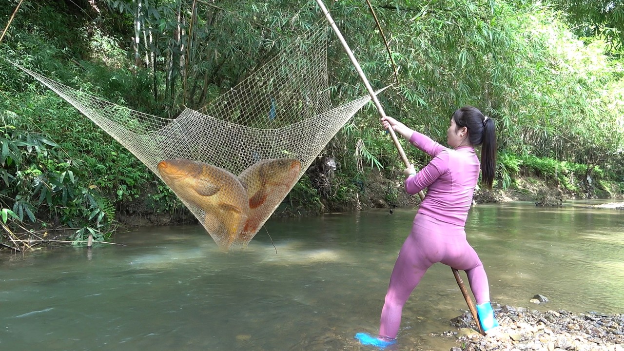 Young Girl's Fishing on Rivers and Lakes, Traditional Fishing with Net, Catch a Lot of Fish