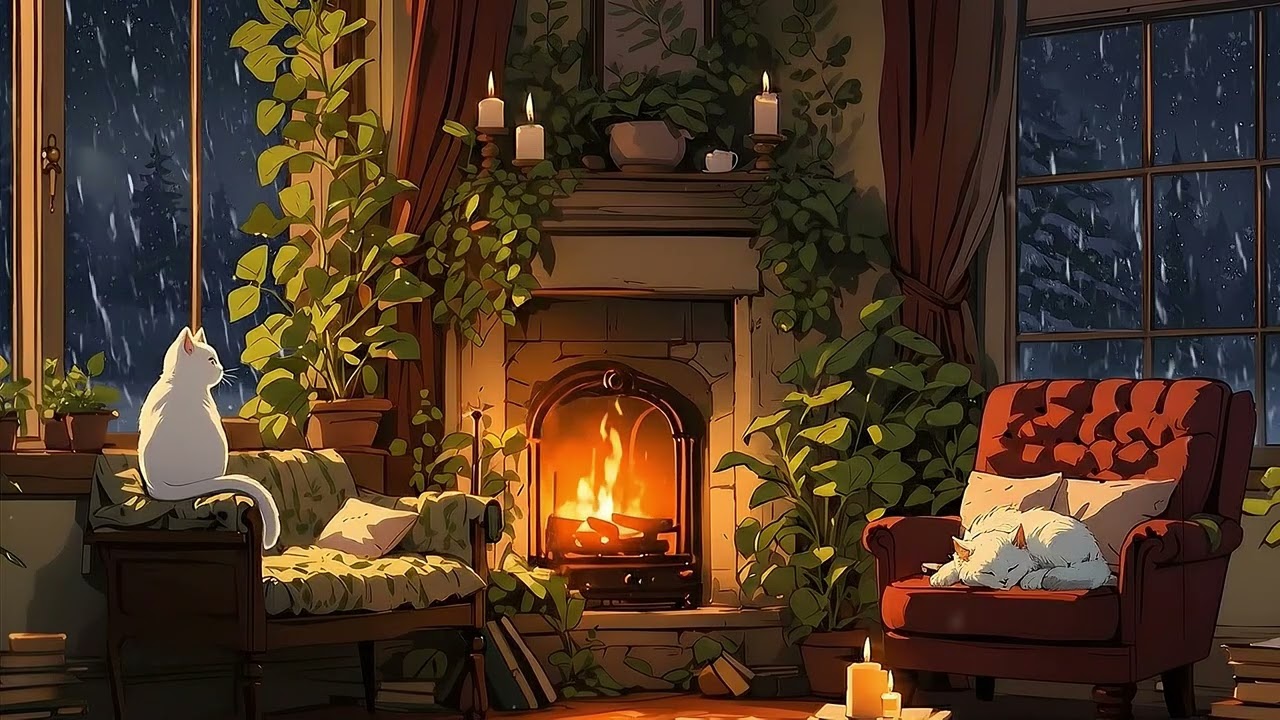Cozy Fireplace Ambience 🌿 Chill Lofi Beats for Relaxing Nights