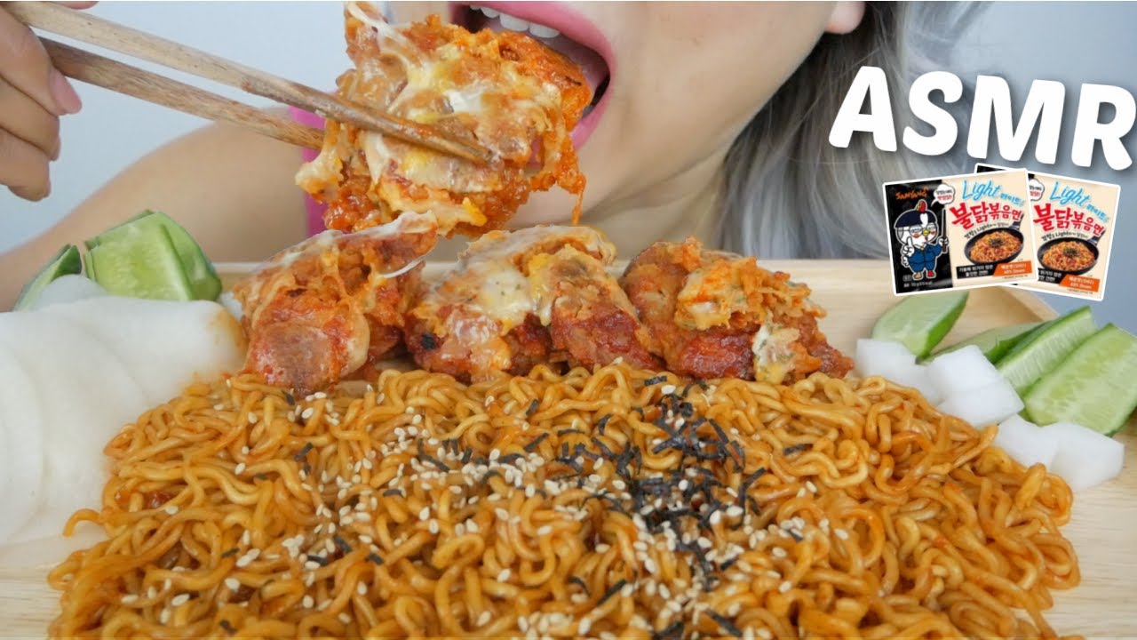 ASMR KOREAN Sweet Chili Fried Chicken with Samyang Spicy Noodles *Relaxing Eating Sounds | N.E