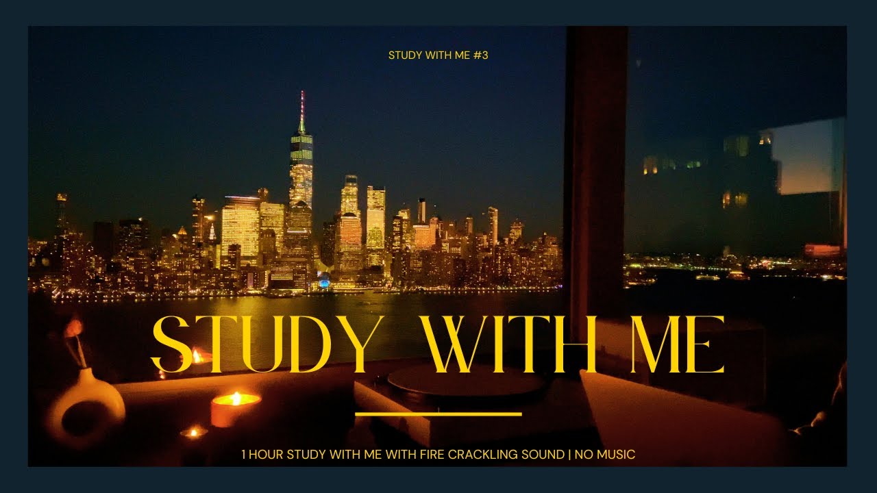 1 Hour STUDY WITH ME New York City | Manhattan Skyline Sunset🌃| Fire Crackling 🔥| No Break| No Music