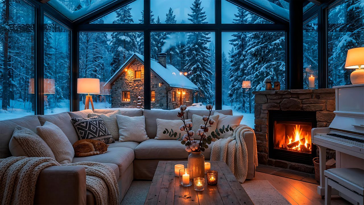 Snowy Cabin Piano ❄️ Fireplace Warmth 🔥 | Relax • Sleep • Focus • Meditate | Calm Winter Mood | 4K