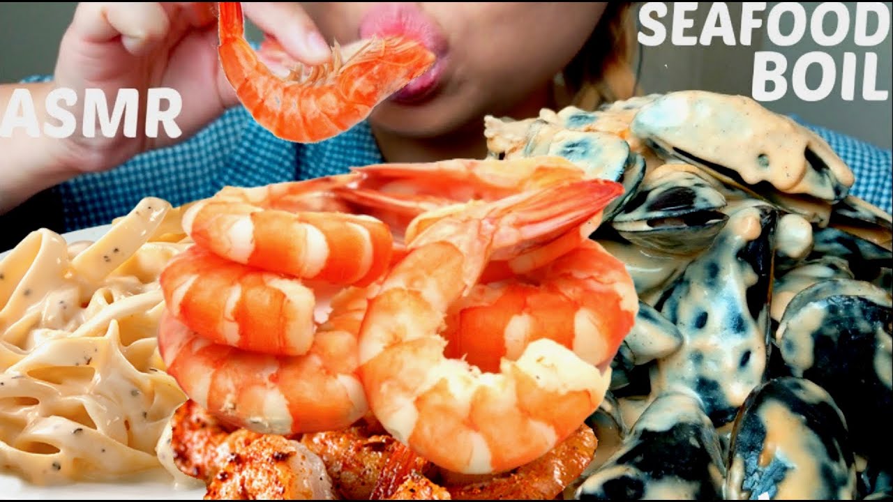 ASMR SHRIMP + MUSSELS Seafood Boil with Alfredo Sauce *No Talking suellASMR