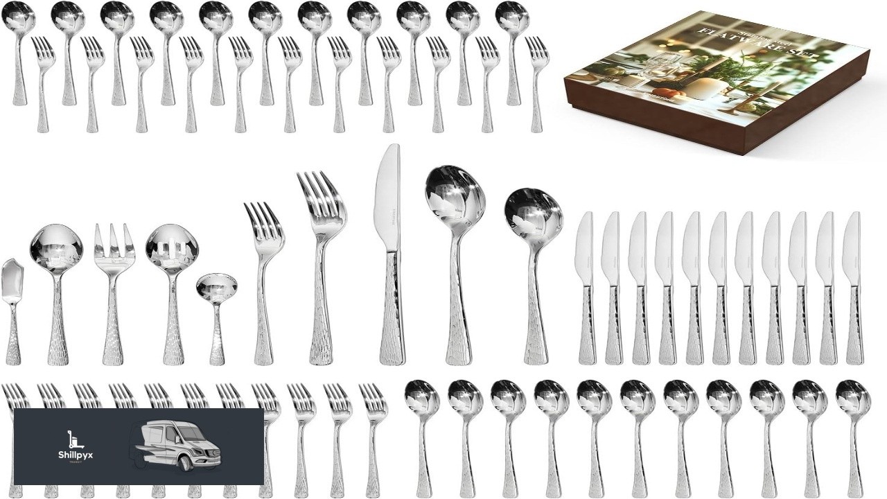 KINGSTONE Hammered Silverware Set Flatware Set with Serving Utensils 18 10 Stainless Steel
