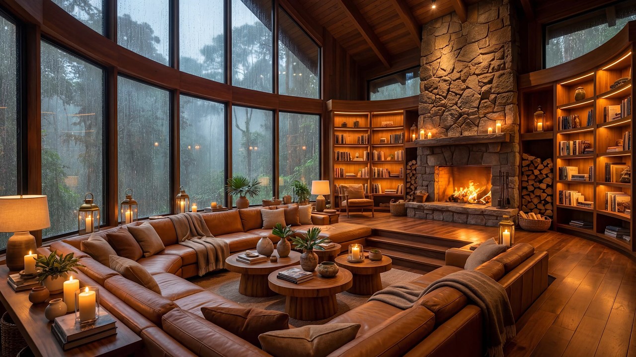 Relaxing Jazz Instrumental Music 🌧️ Rainy Day at a Cozy Forest Cabin with Warm Fireplace 🔥