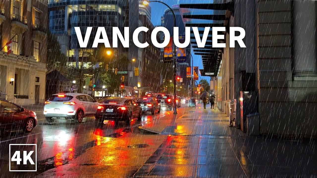 【4K Rain Walk】Walking in Vancouver Canada, (Binaural City Sounds) 4K Rain Ambience