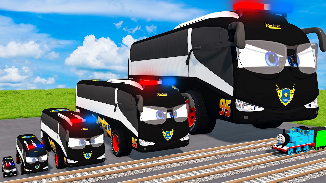 Big & Small Long Police Buses Spiderman vs Train Thomas | BeamNG.Drive