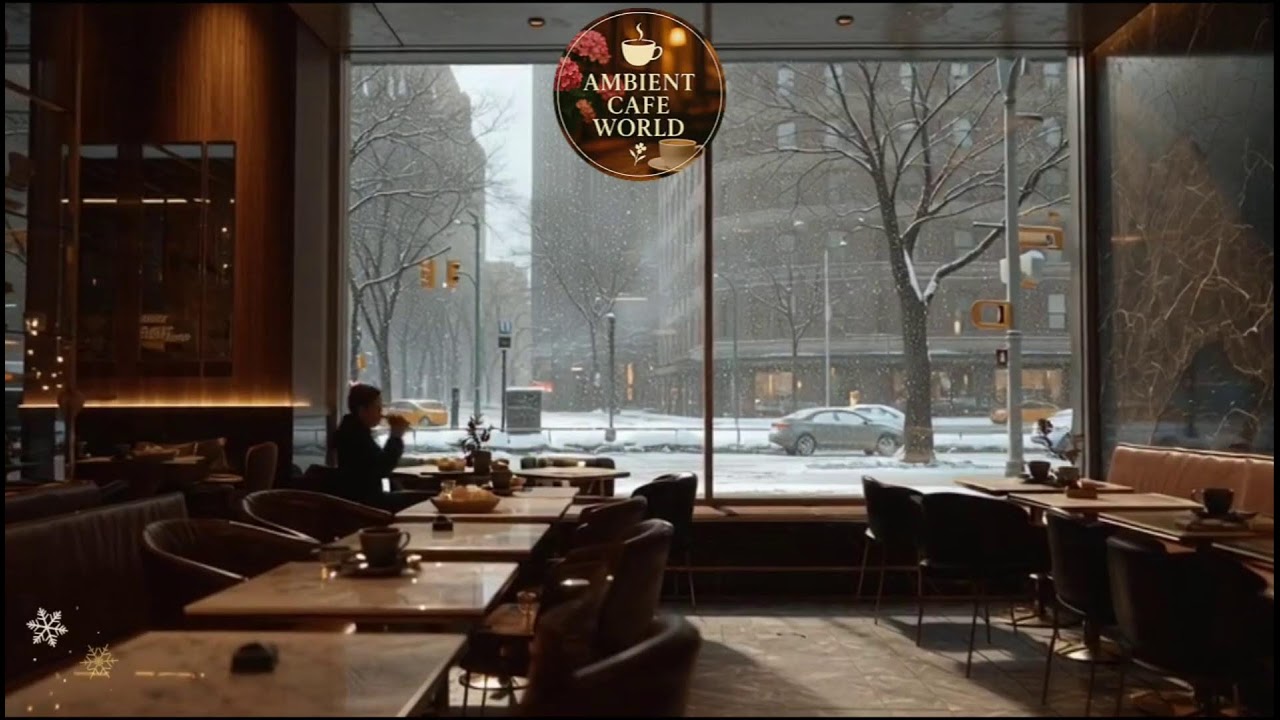 🔴Cozy Winter Day at Outdoor Coffee Shop Ambience ⛄ Soft Jazz Music & Crackling Fireplace to Relax