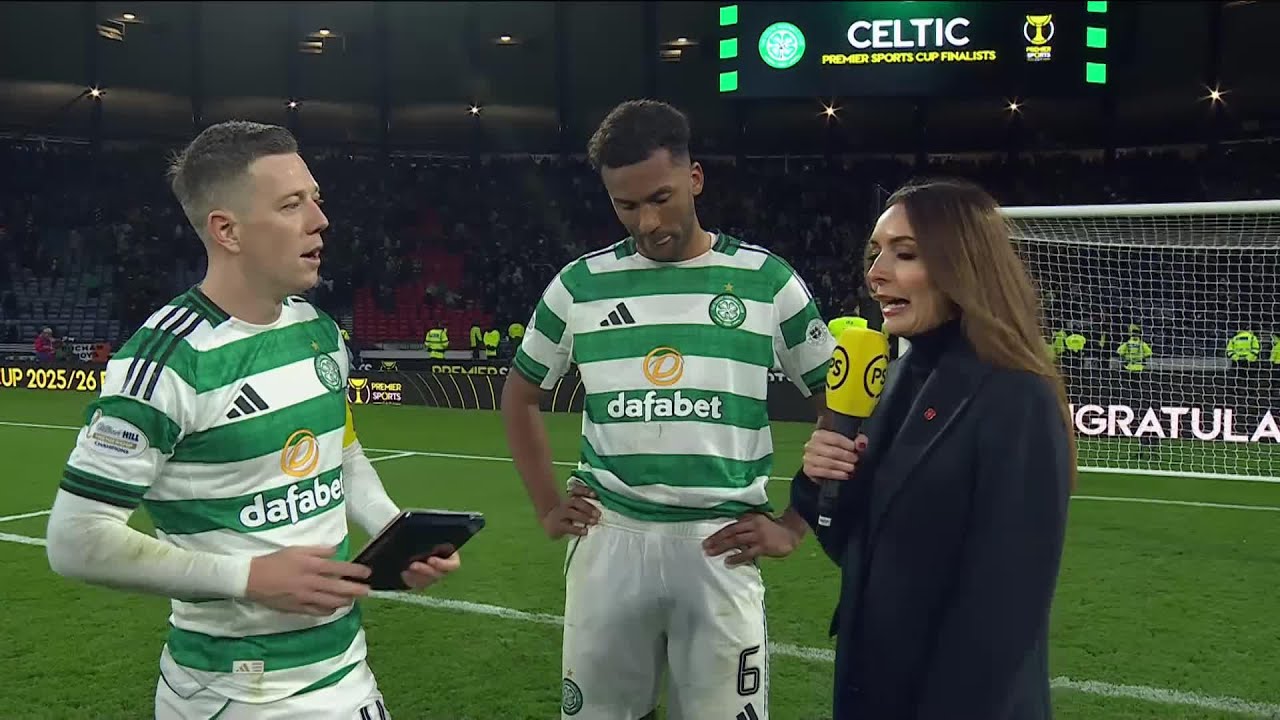 Celtic's Callum McGregor and Auston Trusty react to Premier Sports Cup Semi-Final win over Rangers