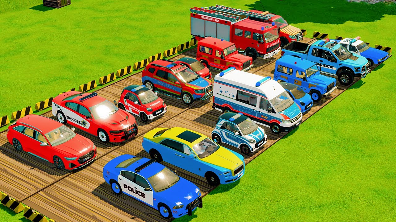 TRANSPORTING CARS, AMBULANCE, POLICE CARS, FIRE TRUCK OF COLORS! WITH TRUCKS! - FS 22
