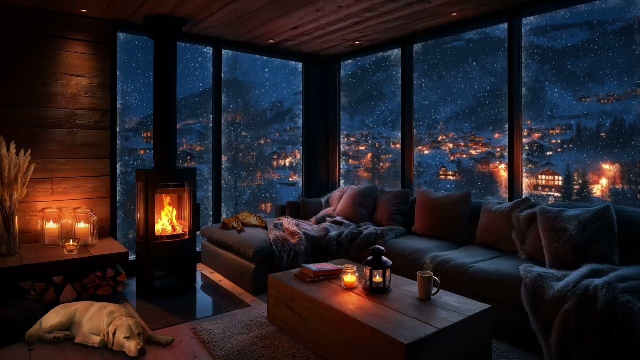 Snowfall & Gentle Wind in Cozy Winter Cabin | Crackling Fireplace, Cat & Dog, Peaceful Night