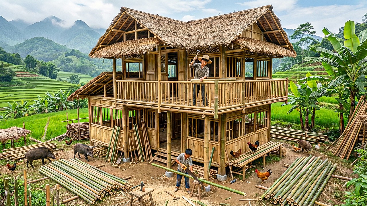 Country Life: Orphan Boy Building a Bamboo House With Mezzanine Floor in a Poor Village