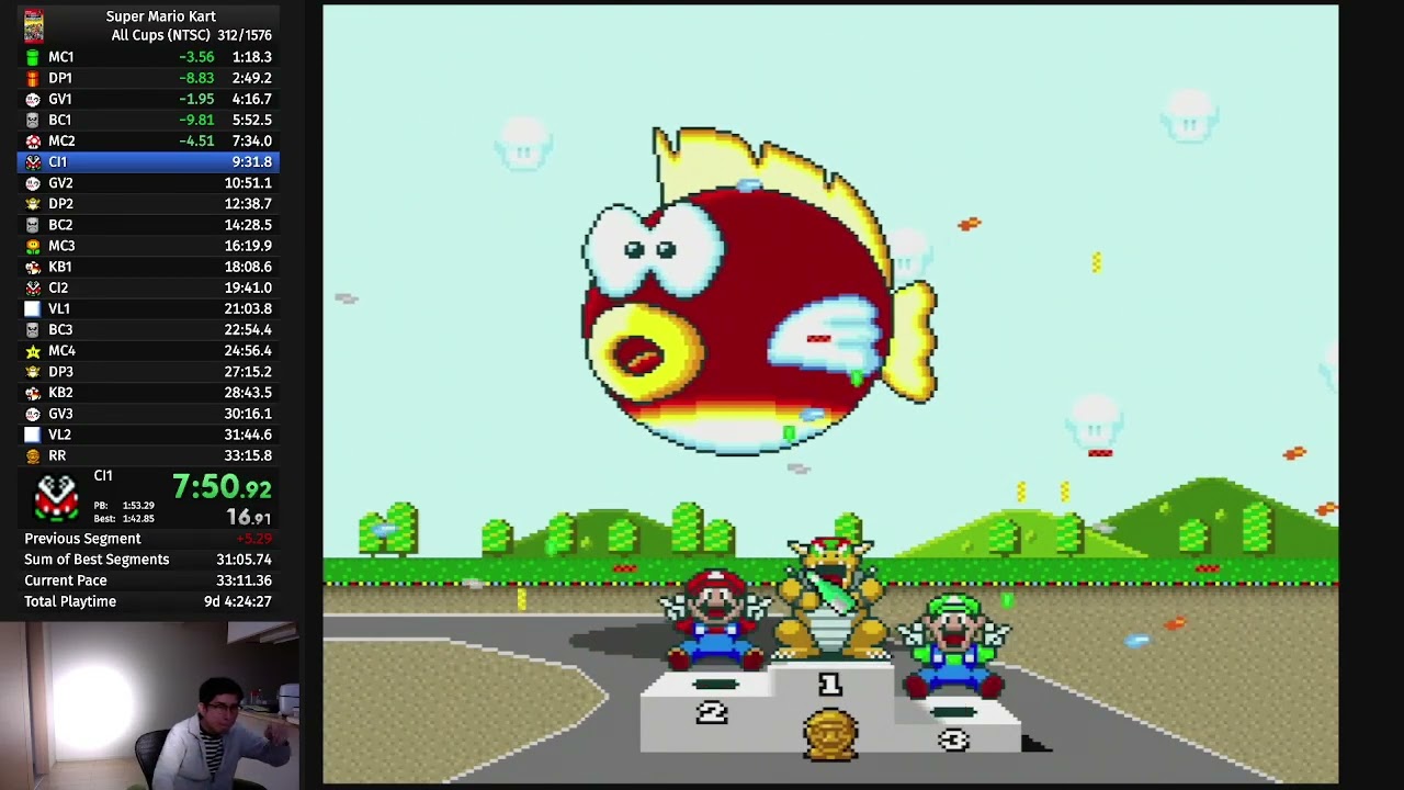 [RTA,Speedrun] 33分11秒の自己ベスト！初代SFCスーパーマリオカート150cc全カップ, Super Mario Kart All Cups NTSC 1P