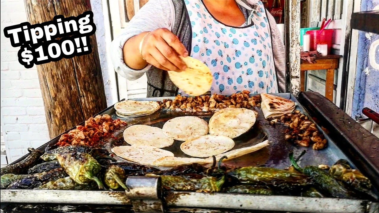 $100 Dollar TIP For Pig's HEAD Tacos!! - Mexican Street Food - Intestines, Steak & Chorizo TACOS Too
